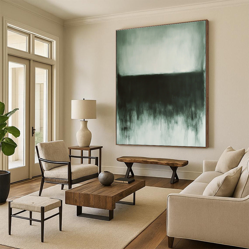 Large abstract painting in gray and white tones evoking calmness with dark gray and light green elements and textured details in the corner.STSC757