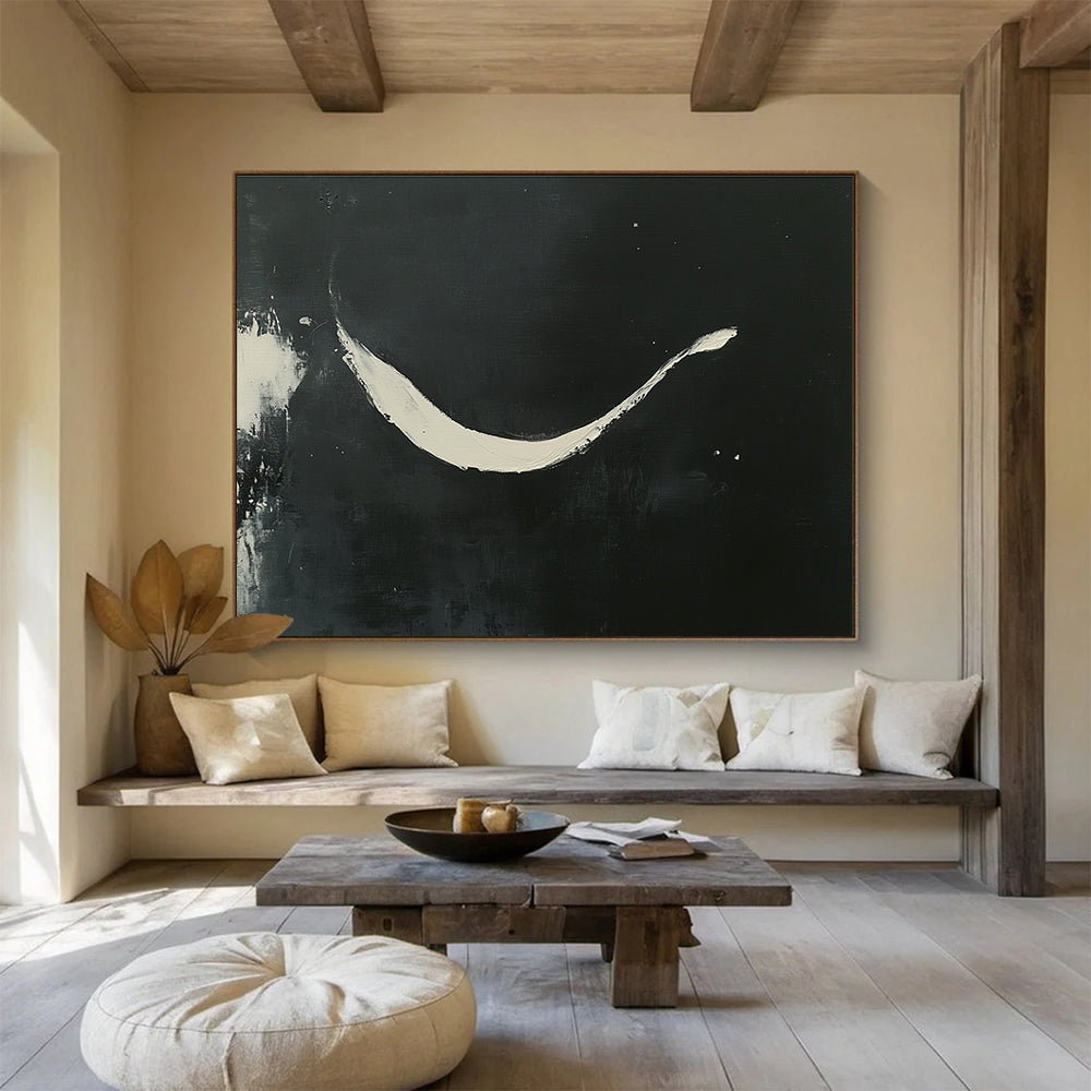 Large abstract painting featuring curved white brush strokes on a black background showcasing elegance and negative space in a minimalistic style.SC186