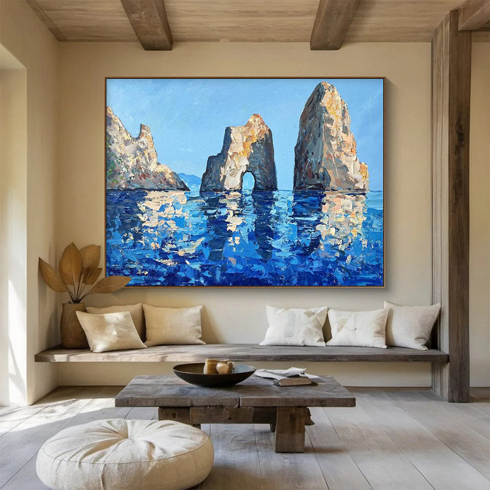 Blue Beige Sea Stack Rocks Abstract Painting THY478