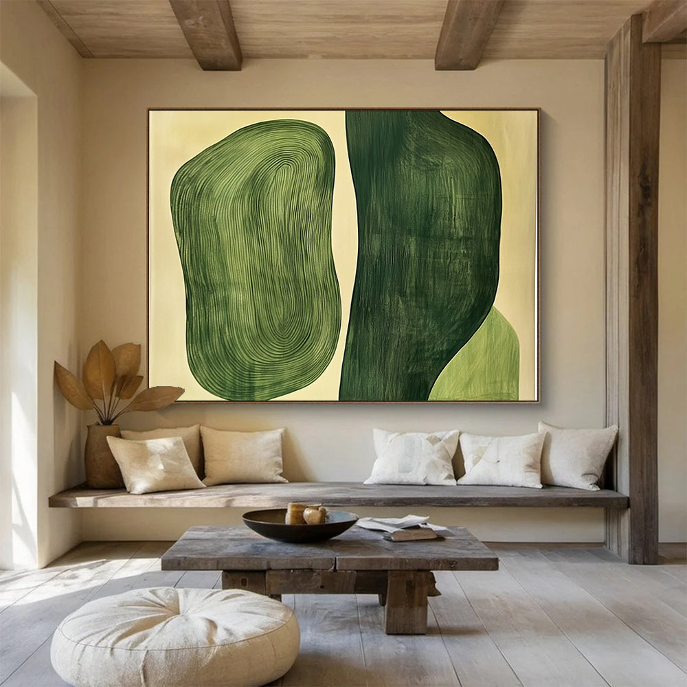 Large abstract painting featuring two organic green shapes, one flat and the other with raised wood grain texture.SC204