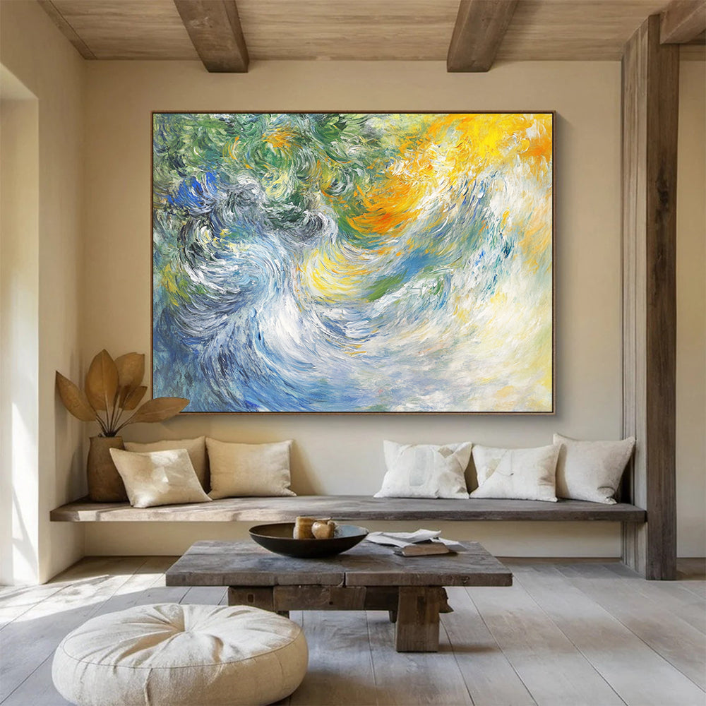 A large abstract painting of white water waves with expressive brush strokes soft colors and a dynamic interplay of light and movement.SC414