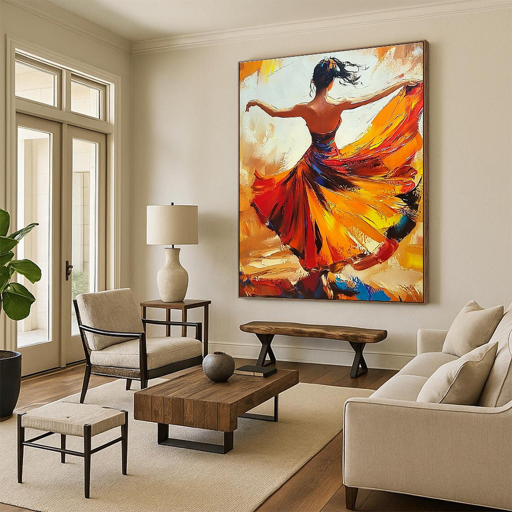 Abstract oil painting of a woman in a flowing flamenco dress dancing with her arms wide open in warm colors.STSC174
