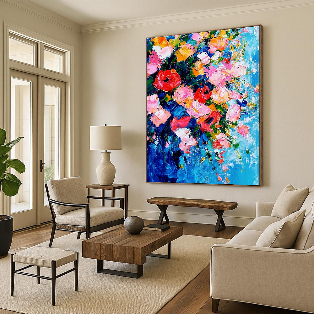 Large abstract painting featuring vibrant flowers in pink and red against a delicate blue and pink background showcasing intricate details and dynamic composition.STSC1026