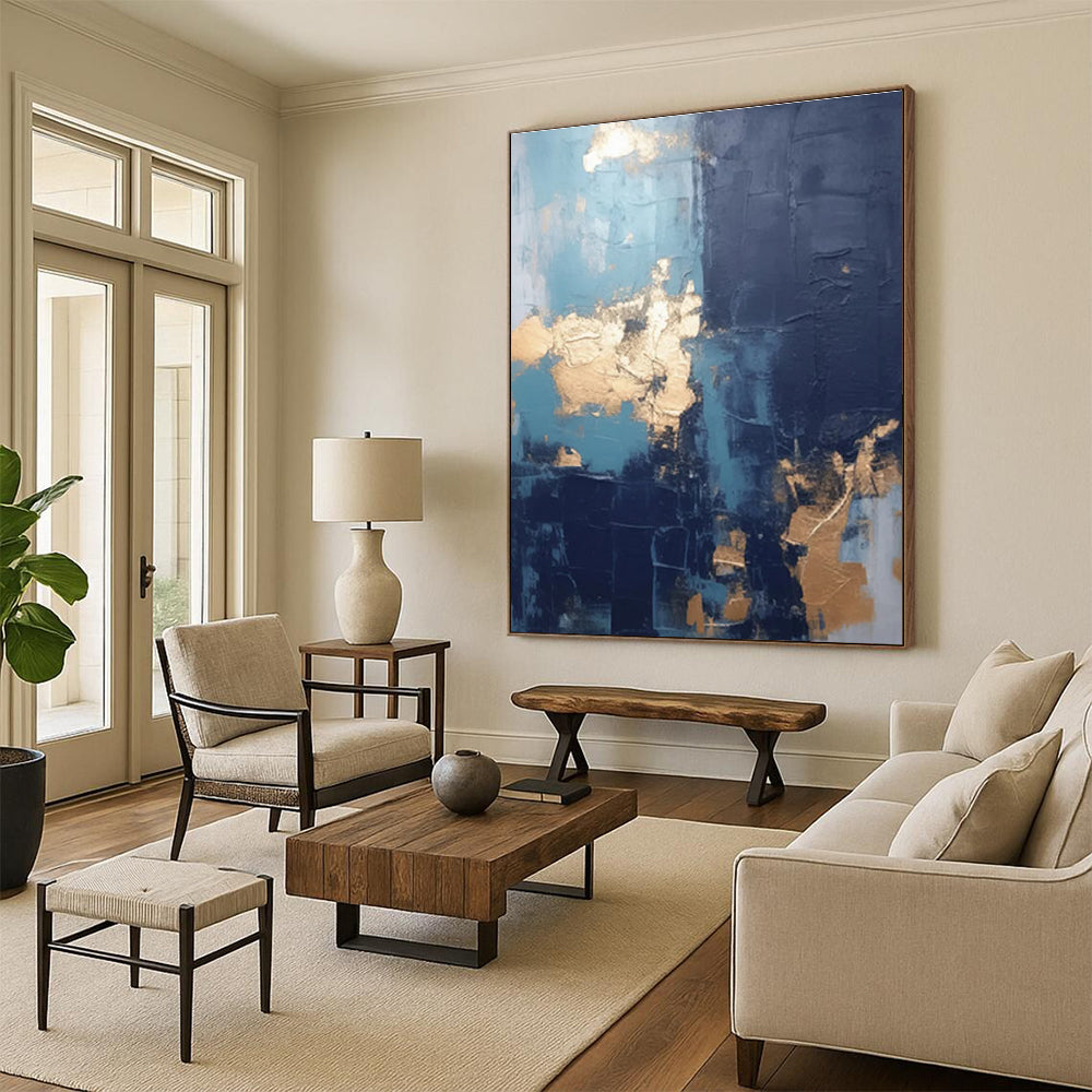 Blue and Gold Textured Abstract Painting with Dark Accents ADGE130