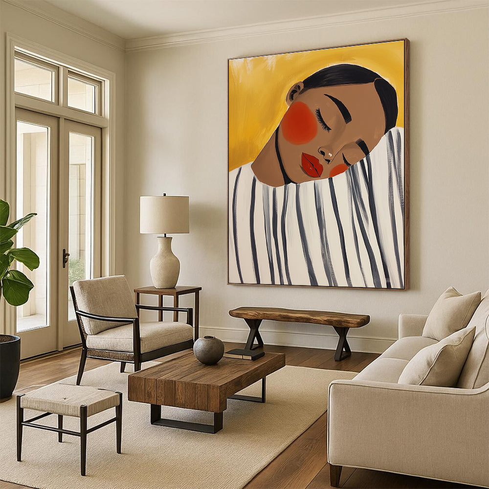 Large abstract painting featuring an African American woman resting her head on a whimsical oversized black and white striped shirt in soft acrylics.STSC536