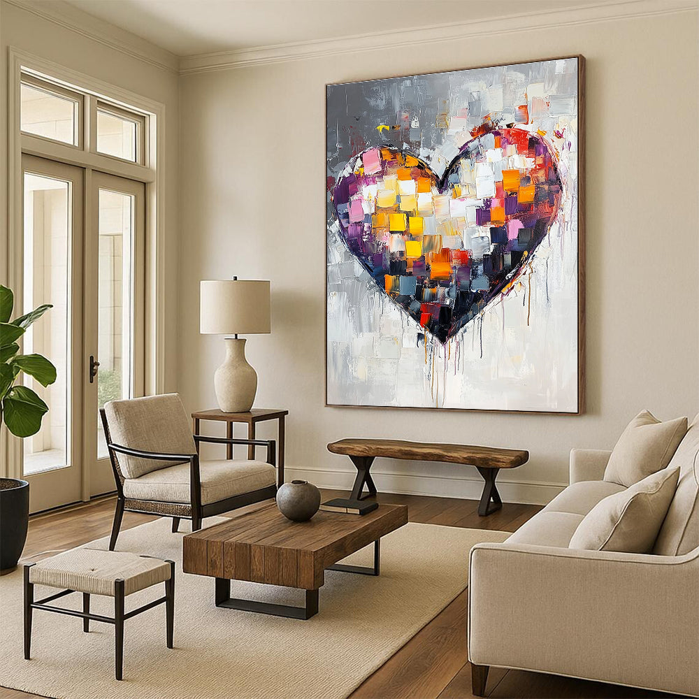 Large abstract heart painting with vibrant colors and thick brush strokes on a white background featuring paint drips and a predominantly gray palette.STSC071