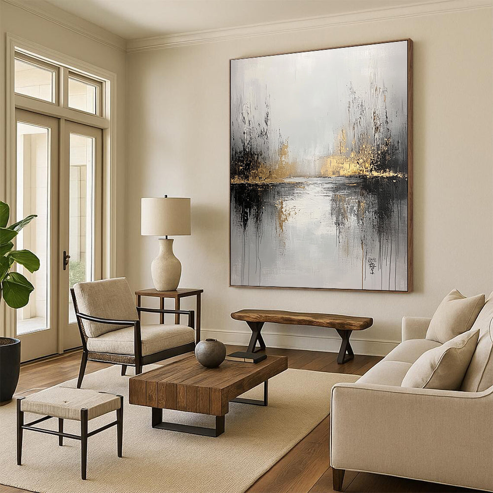 Large abstract painting featuring a gray and white background with gold accents and soft edges evoking tranquility and solitude through layers and distant foliage.STSC396