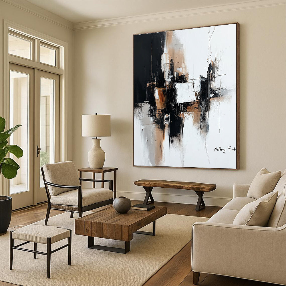 Large abstract painting with architectural lines in black and brown on white background by Anthony Foot featuring atmospheric brushstrokes and deconstructed minimalism.STSC1356