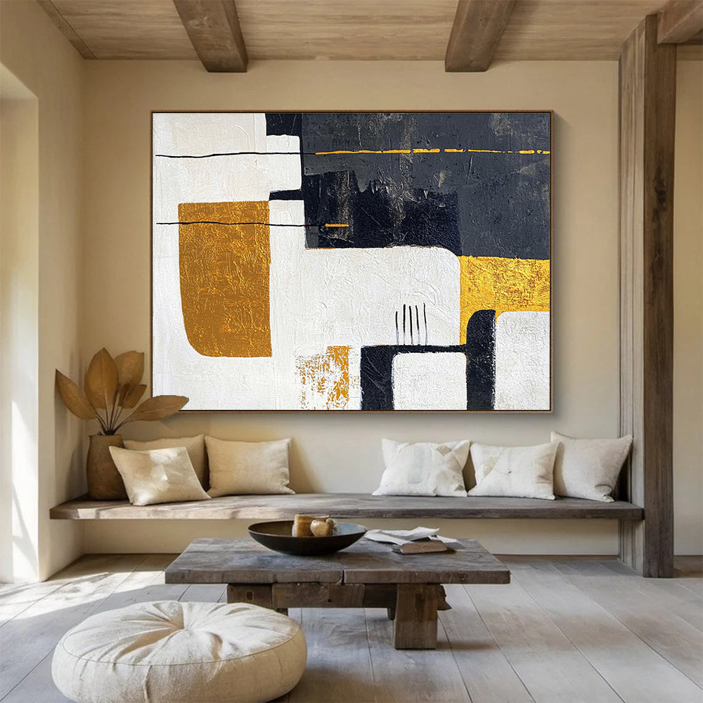 Black White Gold Abstract Painting with Geometric Elegance DYP425
