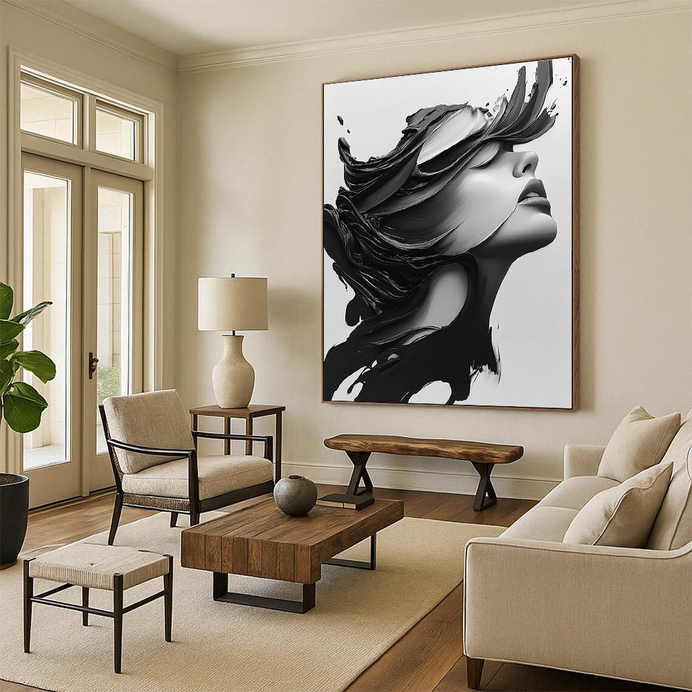 Large abstract painting featuring a close-up portrait of a beautiful woman with long hair blowing, in monochrome colors and dramatic contrast.STSC1469