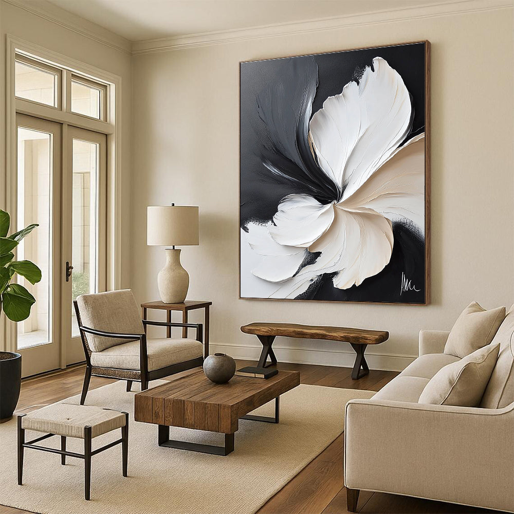 Large abstract painting featuring white flowers on a black background with meticulous brushwork and delicate textures in flowing organic shapes.STSC514