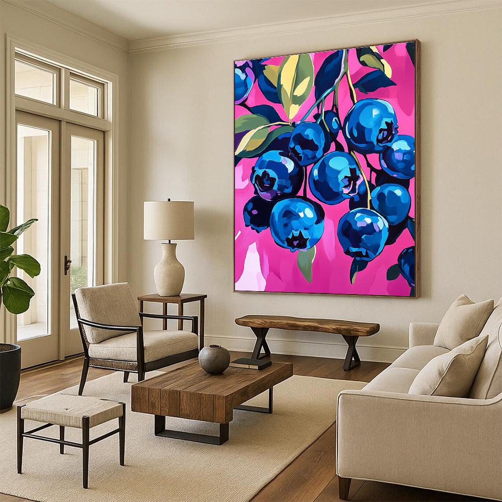 A large abstract painting of vibrant blueberries on a pink background featuring bold brushstrokes and dynamic textures that enhance any space.STSC1226