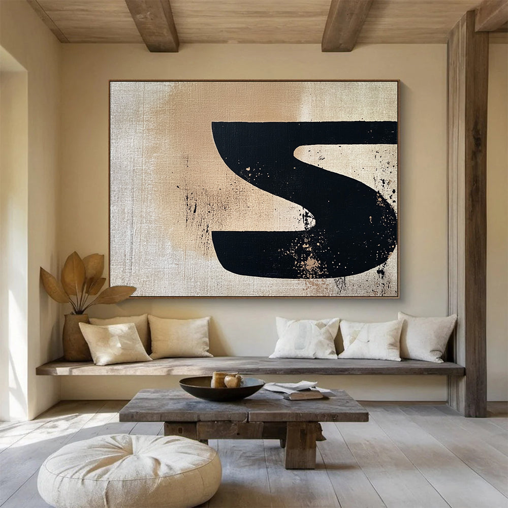 Black S - Shaped on Beige Abstract Painting DYP094