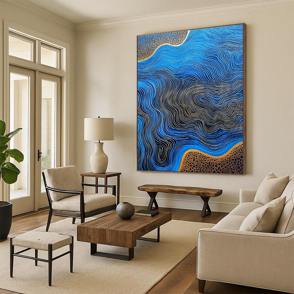 Large abstract artwork featuring flowing river patterns on blue agate with gold lines and a striking high contrast color palette.STSC957