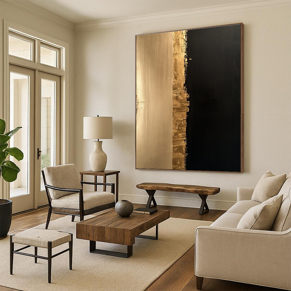 Gold and Black Abstract Painting with Textured Divide GER170