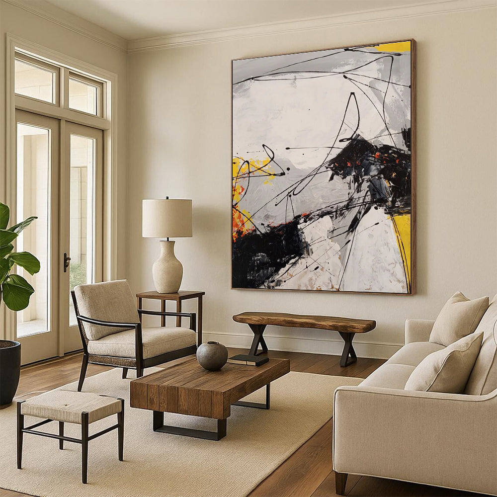 Black - line with Orange Accents Abstract Painting for Edgy Spaces ADGE054