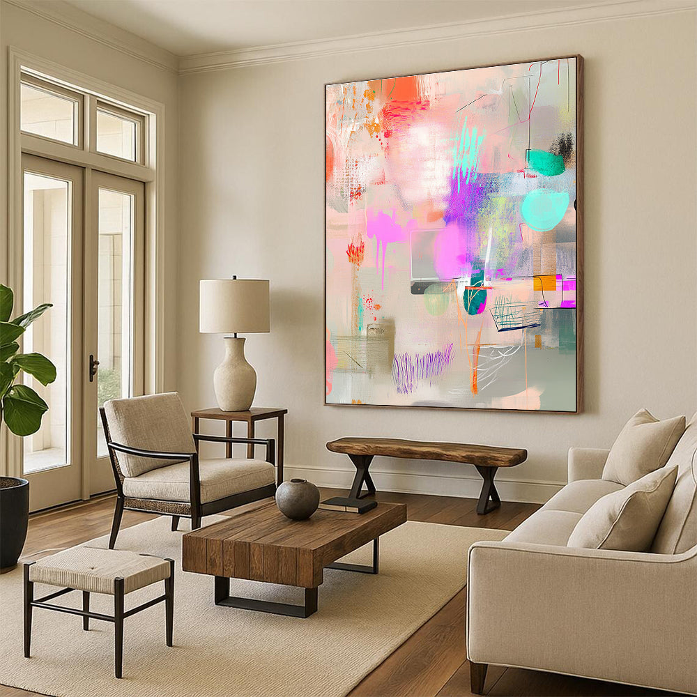 Large abstract painting featuring pastel colors and whimsical shapes on a light gray background ideal for creating a cheerful atmosphere in any space.STSC1025