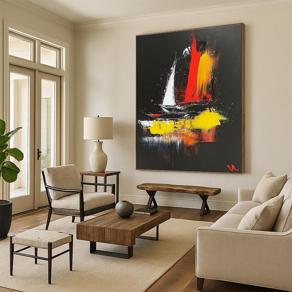 Abstract painting on a black background featuring dynamic red yellow white and black shapes evoking a sailing boat in the wind inspired by Zao Wou-Ki.STSC390