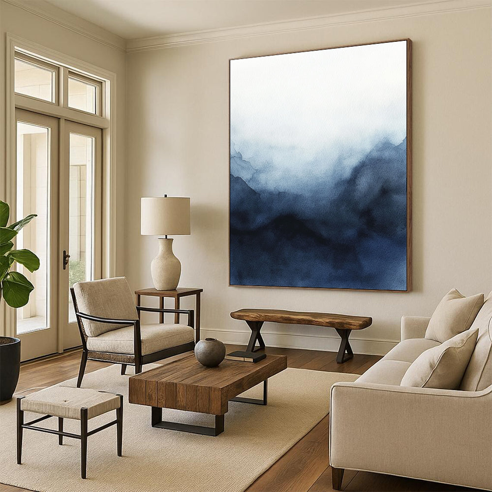 Large abstract watercolor painting of a stormy sky featuring dark blue and gray hues on a white background for striking contrast and minimalist elegance.STSC498