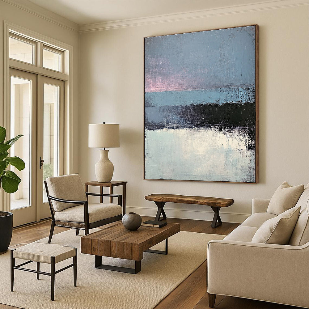 Large abstract painting of layered gray-blue sea and dark blue pink sky showcasing minimalist design with exquisite brushwork and light effects.STSC347