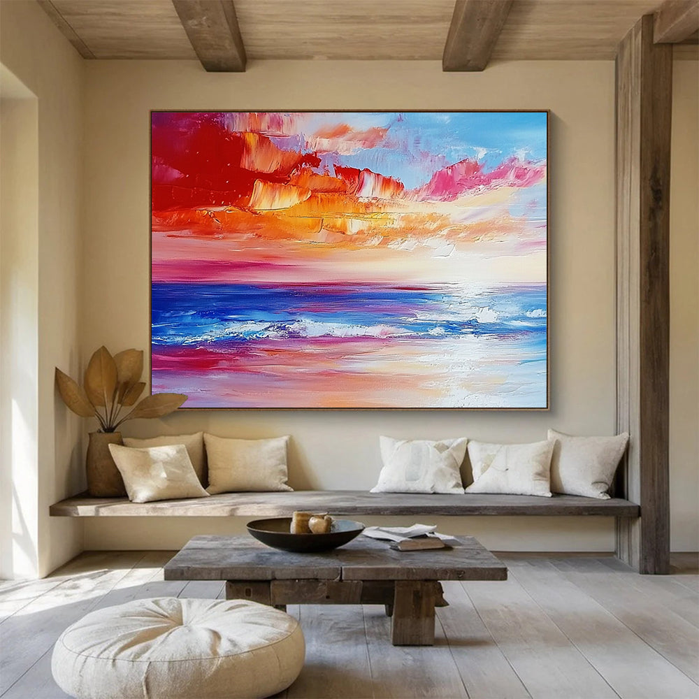 Colorful Sunset Seascape Abstract Painting with Reds Pinks and Blues DYP234