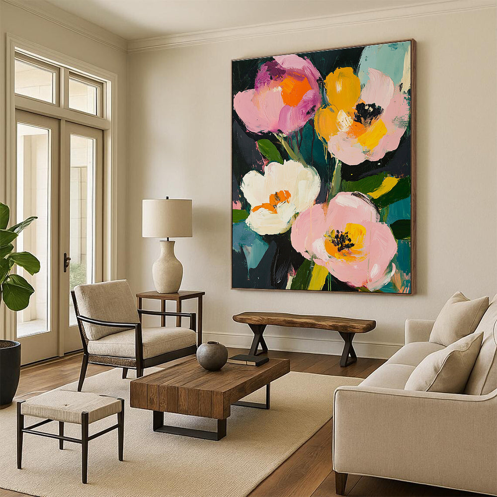 Large abstract painting featuring pink roses and white peonies with loose brushwork in a vintage style and rich colors of greens yellows and blues.STSC057