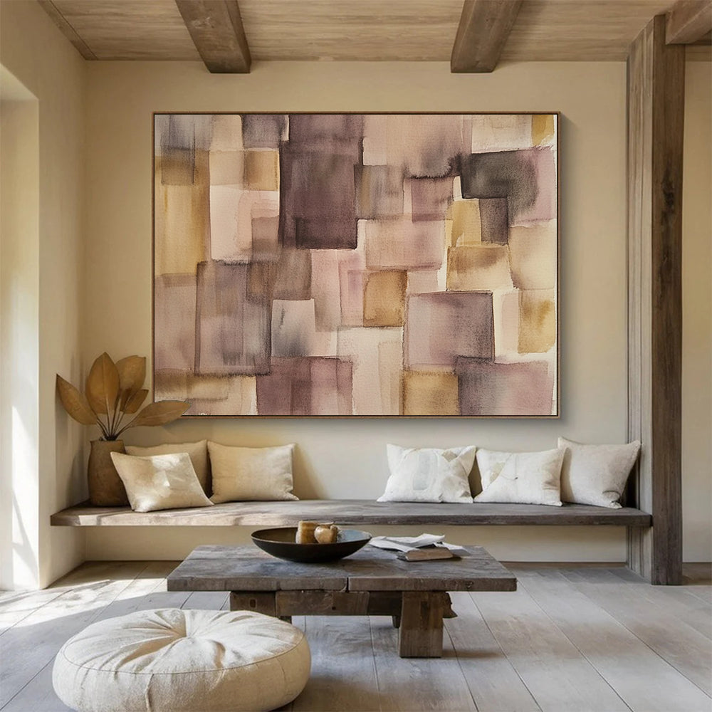 Large abstract watercolor artwork in soft pastel earth tones featuring a minimalistic patchwork design with an open central space ideal for modern decor.SC620