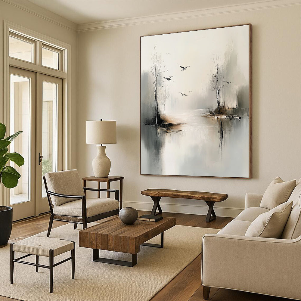 Large abstract painting of trees and birds over water in gray tones with a minimalist style and dreamy mood.STSC351