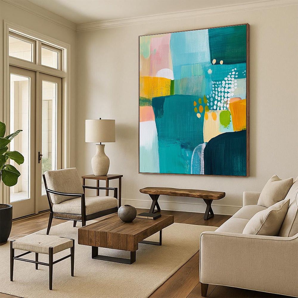 Large abstract painting featuring a landscape in teal yellow and green complemented by white dots and bold expressive brush strokes.STSC608