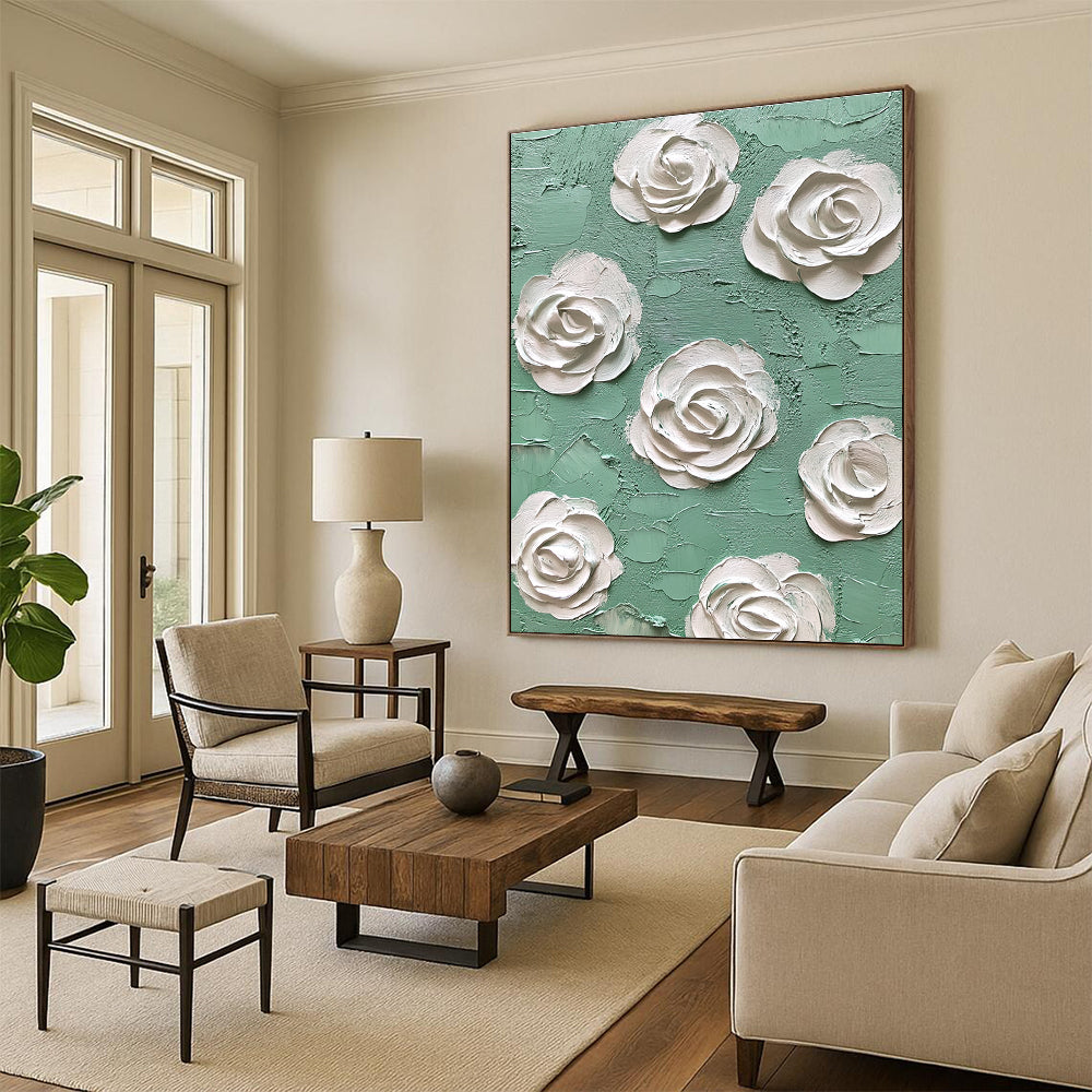 Abstract oil painting featuring mint and white roses with textured impasto layers in green and cream tones, a fine art masterpiece of high detail.STSC1350