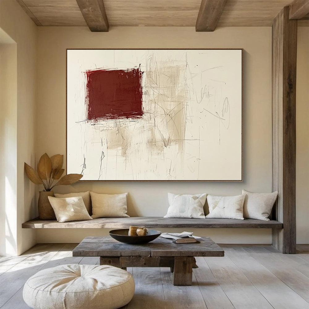 Red and Beige Textured Abstract Painting with Sketchy Lines DYP143