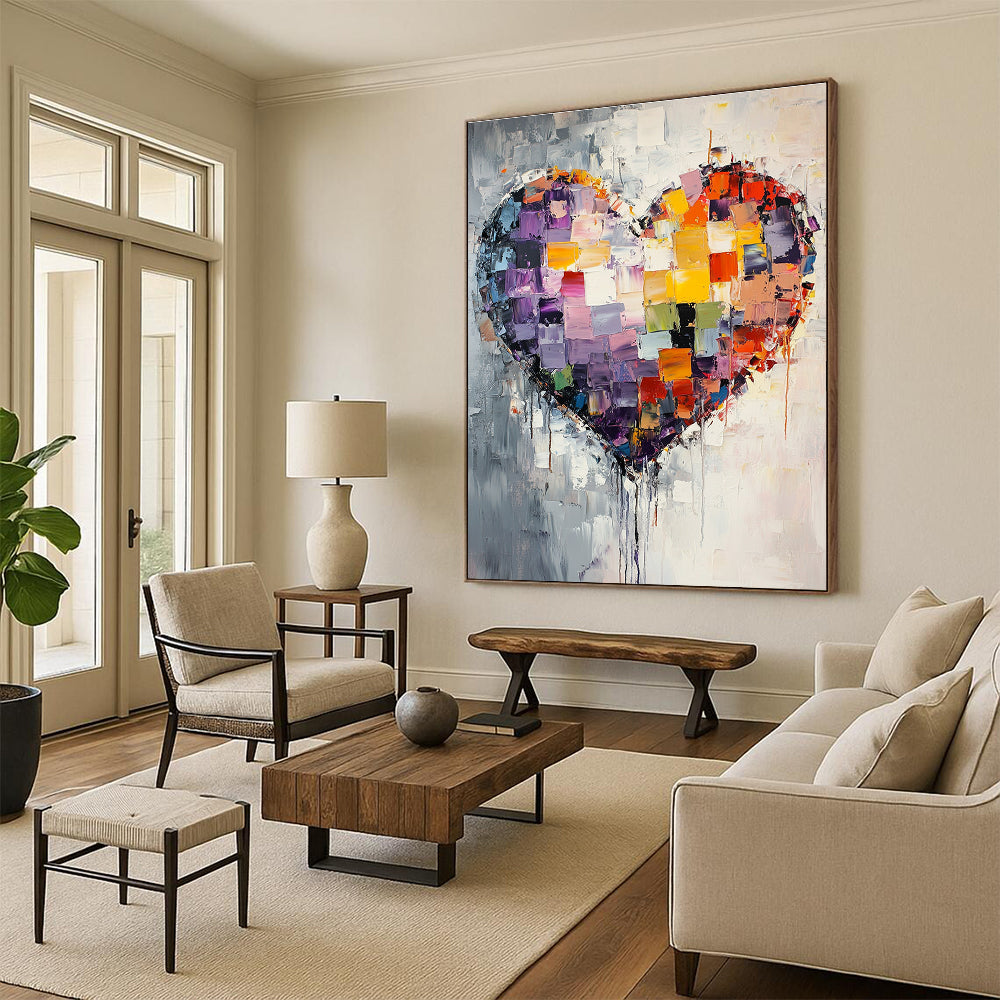Large abstract painting featuring a mosaic heart with vibrant colors and textured layers, evoking emotion through dynamic brush strokes and dripping details.STSC559