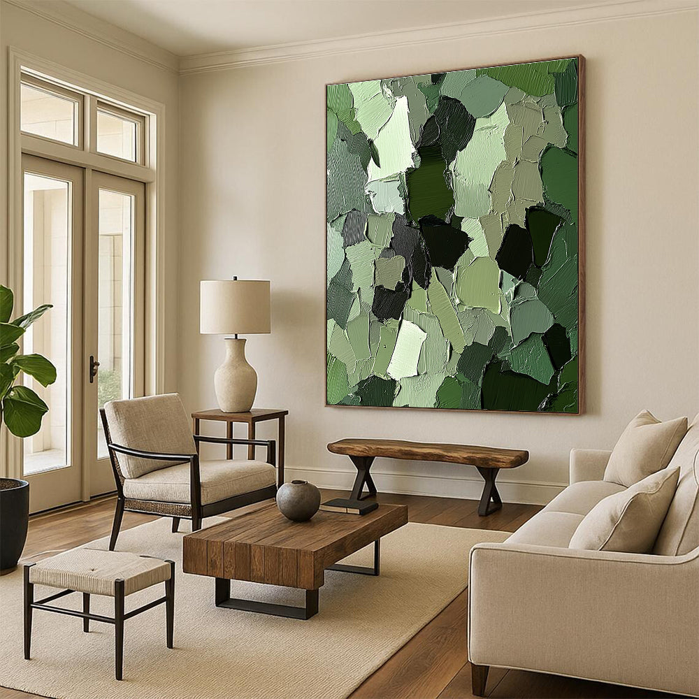 Green Patchwork Abstract Painting with Layered Shapes GER107