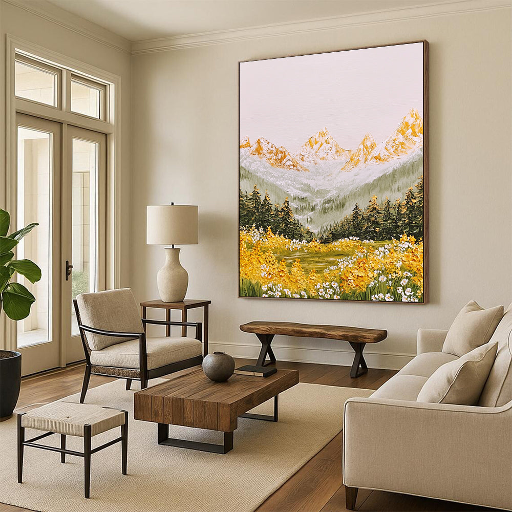 A large abstract painting of dreamy Alps with golden peaks green mountains flowers trees and bright sun in a light watercolor style.STSC1441