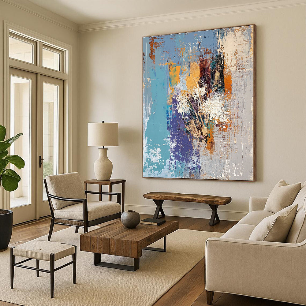 Blue Purple Orange Abstract Painting with Textured Layers GER759