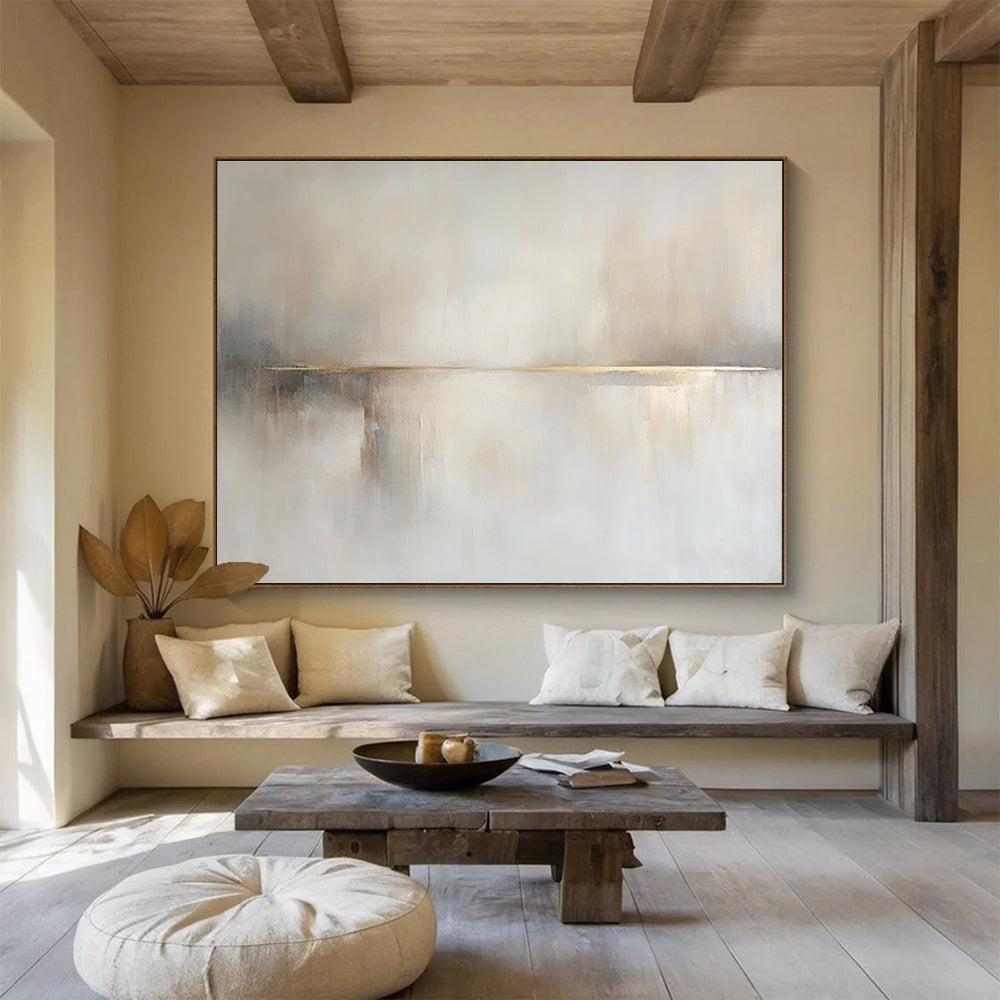 Large abstract painting in beige and white hues featuring soft tones, subtle brushstrokes, and a tranquil sea with a small boat.SC136