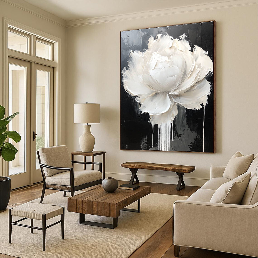 Large abstract painting featuring a white rose and peony with dripping petals on a black and gray background in neutral tones.STSC517