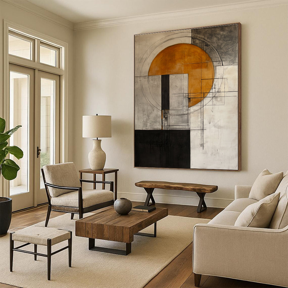 Abstract painting featuring an orange circle on a grey and white background with architectural elements inspired by Peter Driben's style.STSC661