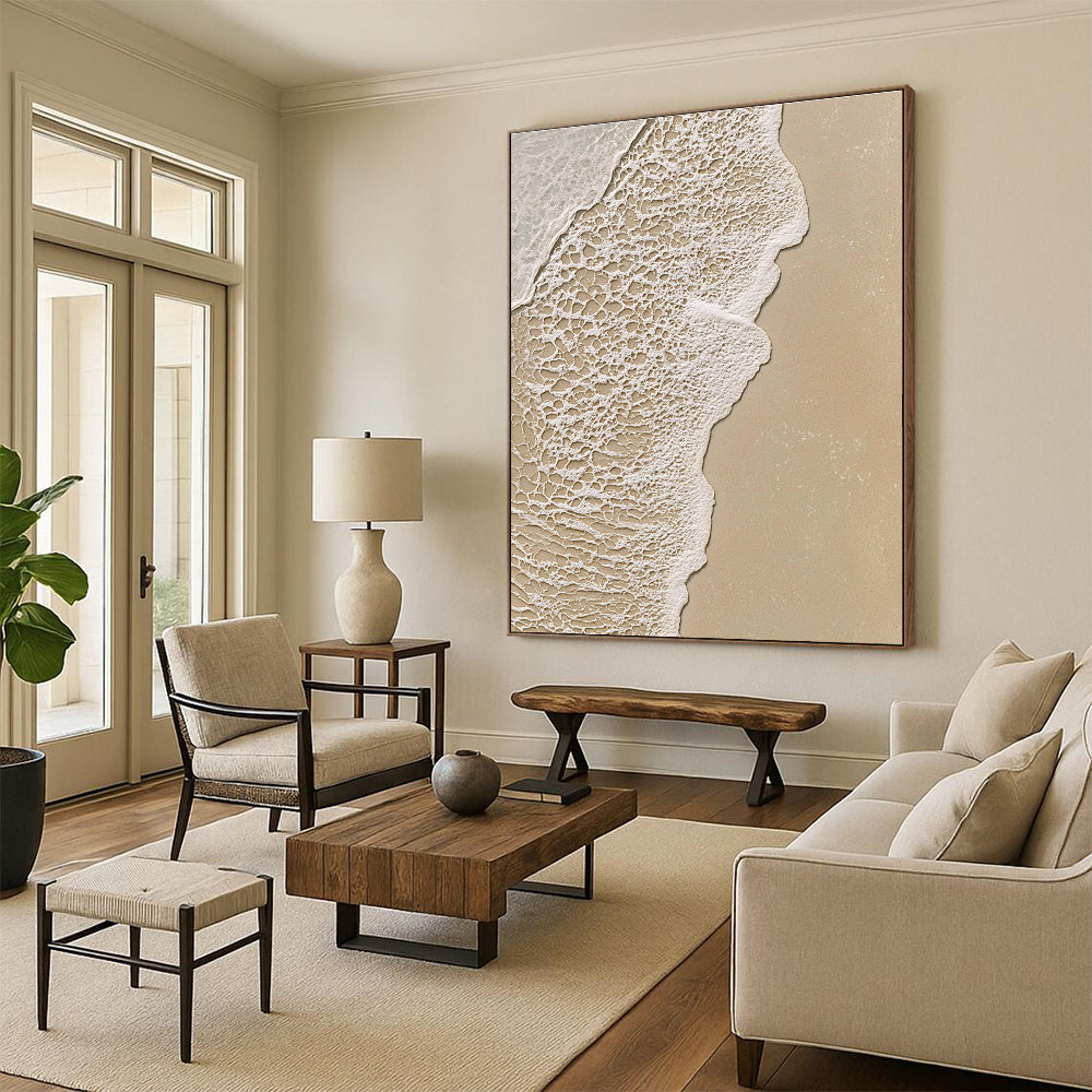 Abstract painting of a serene beach scene highlighting intricate textures of sand and water in soothing beige and white tones.STSC953
