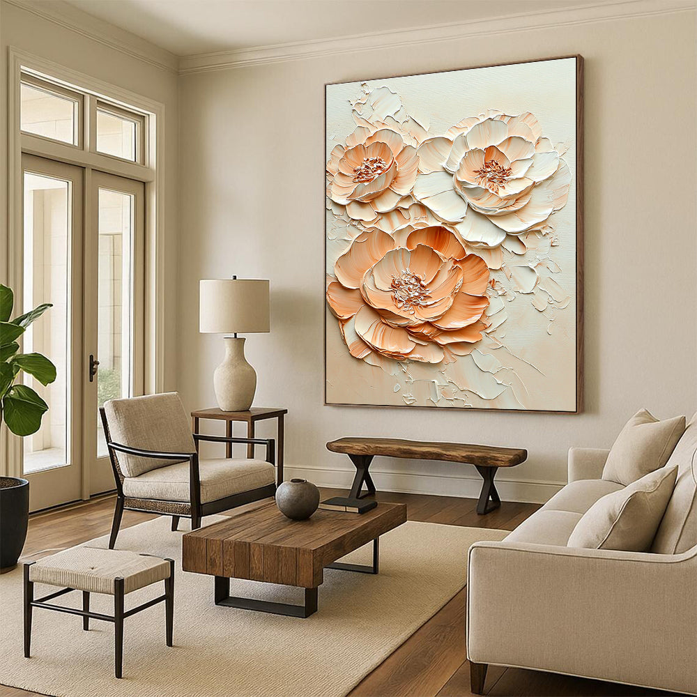 A Large Abstract Painting Featuring Peach and Cream-Colored Flowers in Embossed Oil Texture Ultra-High Resolution Artistic Detail.STSC453