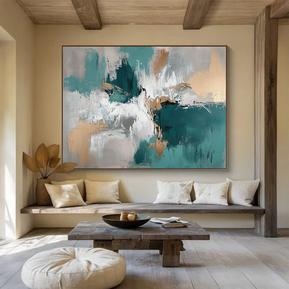 Large abstract painting with muted teal beige and brown tones depicting water and ice creating a profound depth on the canvas.SC243