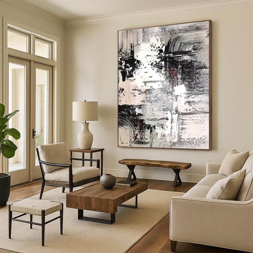 Monochrome Textured Abstract Painting with Layered Patterns ADGE392