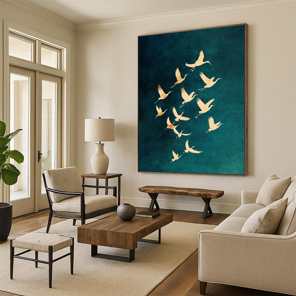 Large abstract painting featuring golden crane silhouettes on a dark blue-green background evoking mystery tranquility and freedom in nature.STSC1305