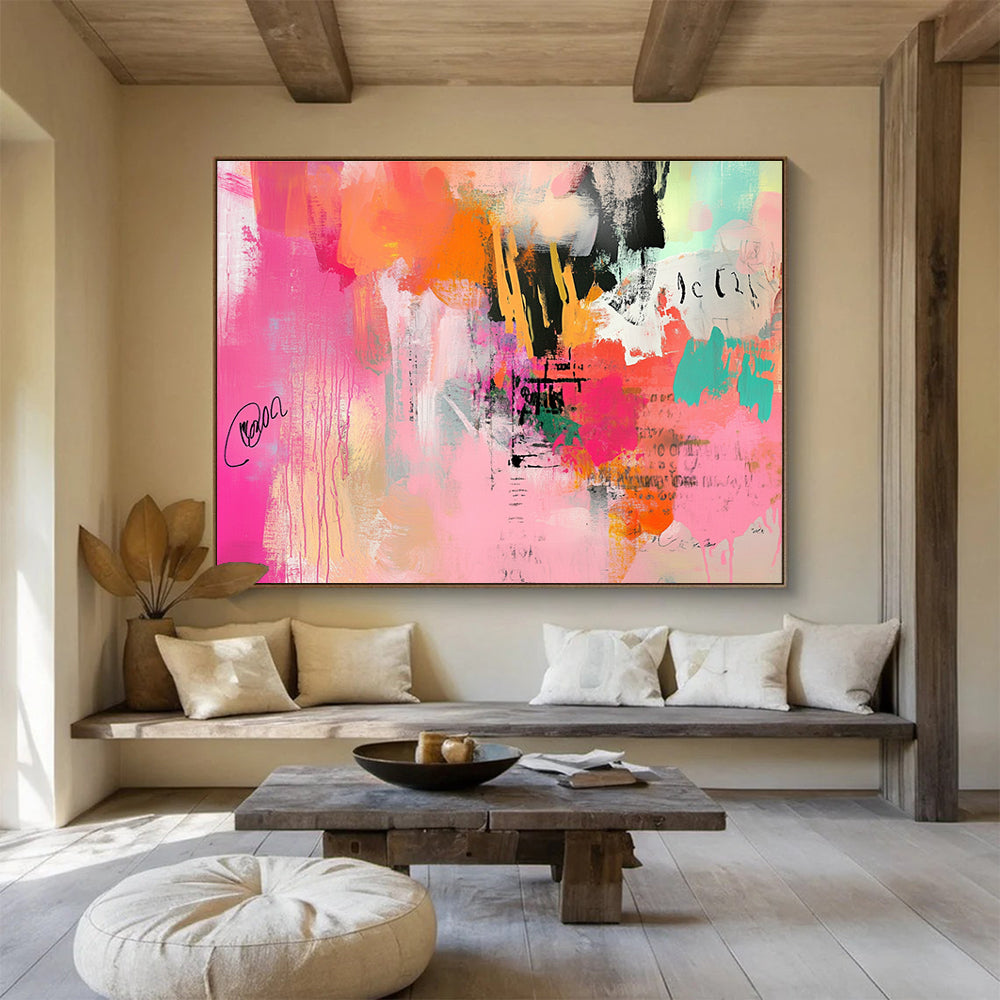 An abstract expressionist painting featuring chaotic brush strokes and soft gradients in pinks and oranges, creating vibrant energy and depth.SC309