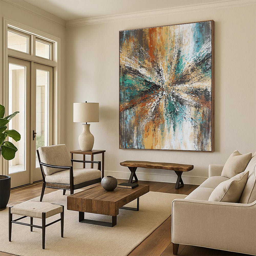 Colorful Burst Abstract Painting with Radiating Textures GER818