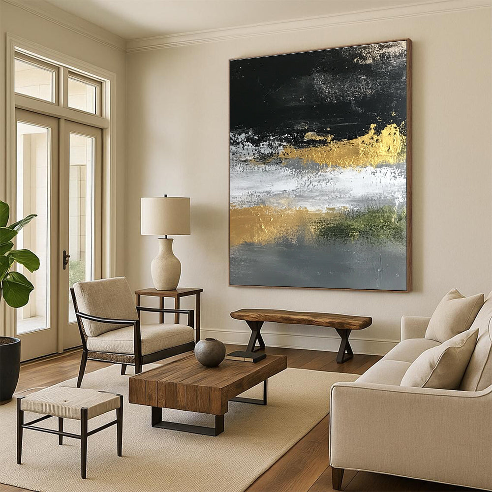 Gold Accented Abstract Painting on Black Gray and White GER248