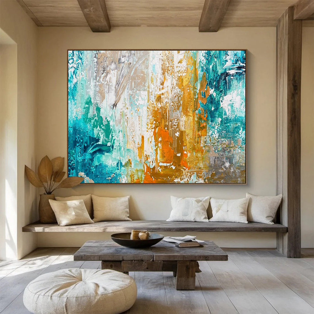 Teal Gold Orange Abstract Painting with Vibrant, Energetic Combinations THY382