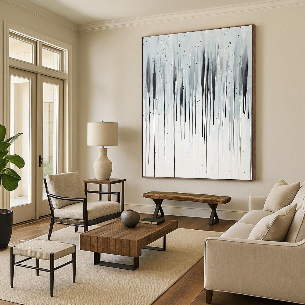 Large abstract painting featuring vertical thin lines in black and white with rain elegantly cascading from the sky.STSC357