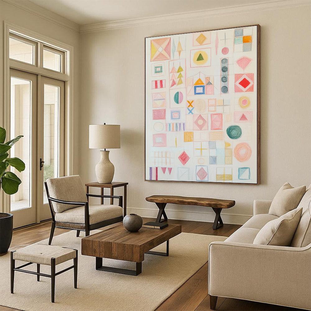 A large abstract artwork featuring soft pastel shapes and symbols in light pink with a calm atmosphere and inviting texture.STSC1206