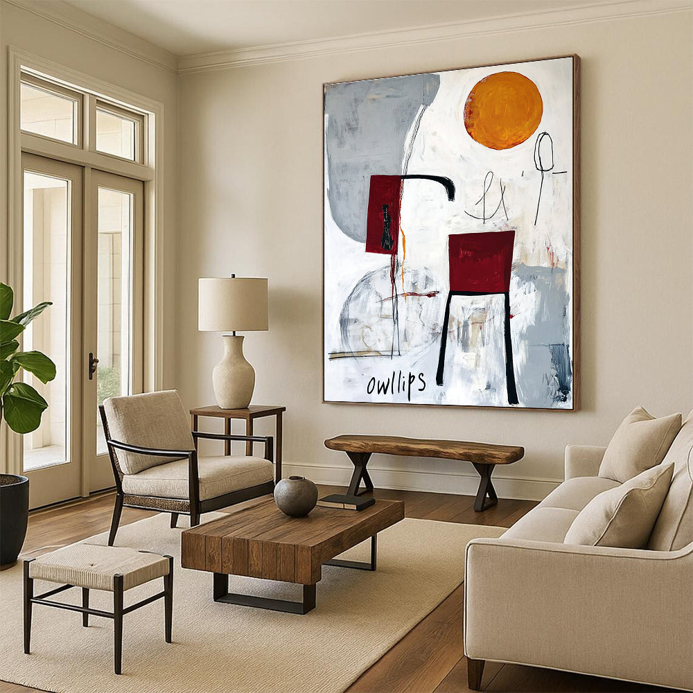 Abstract painting featuring white gray and red with moon chair legs orange circle black ink scribbles and hand drawn Owlips at the bottom.STSC828